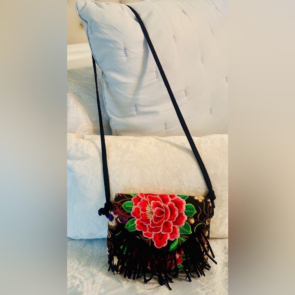 Embroidered Floral Crossbody Bag with Fringe - Black/Red